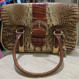 Brown Croc-Embossed Buckle Satchel Brahmin Handbag